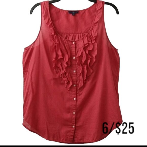 6/$25 Gap Women’s Red Pinstripe Ruffled ButtonDown Sleeveless 100% Cotton Blouse - Picture 1 of 11